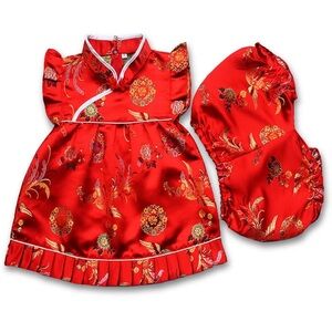 Qi Pao Red Floral Baby Dress with Bloomers